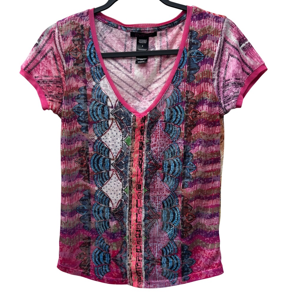 Custo Barcelona V Neck Short Sleeve Embellished Bling Graphic T Shirt Top Size 2